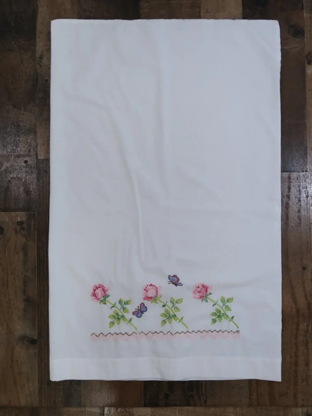 Pair of Embroidered Pillow Cases Roses Butterflies Vintage Linens Floral